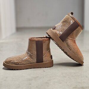 Clear Shearling-Lined Ankle Boots With Brown Trim & Rubber Sole For Women